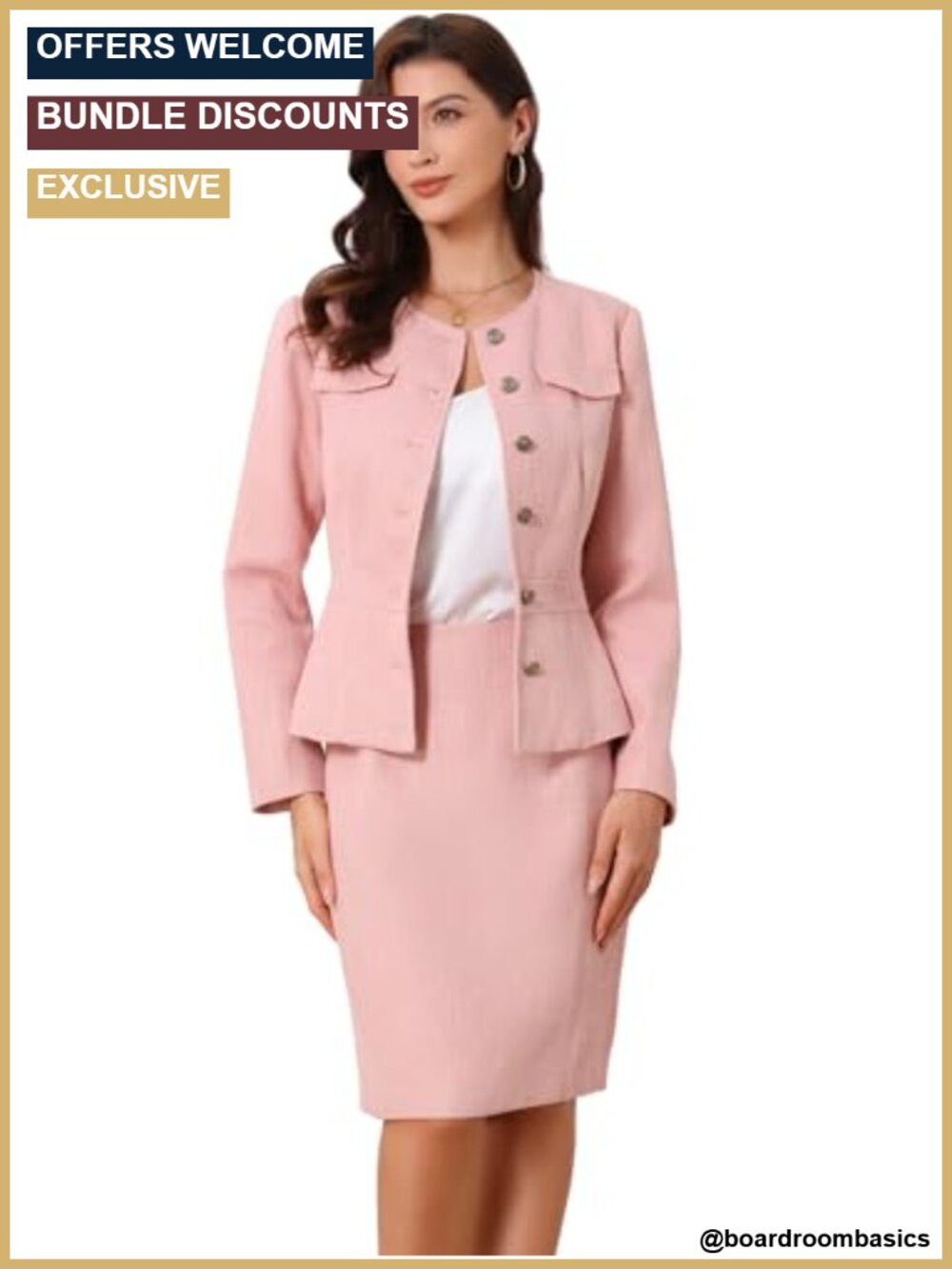 Tweed Blazer Pencil Skirt Suit Set Collarless Button Down Business Work